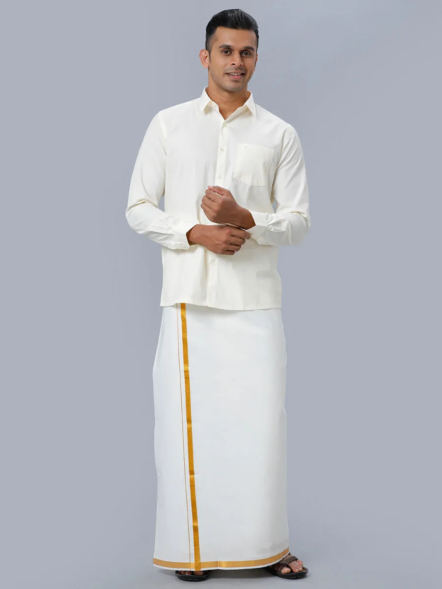 Men Gold Jari 1/2" inch Single Dhoti with Full Sleeves Cream Shirt Combo