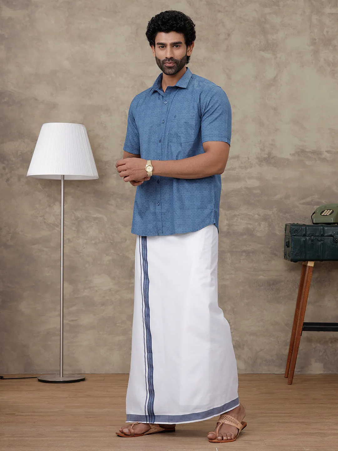 Men Oxford Blue Matching Border Dhoti With Printed Shirt Set Fusion PS7