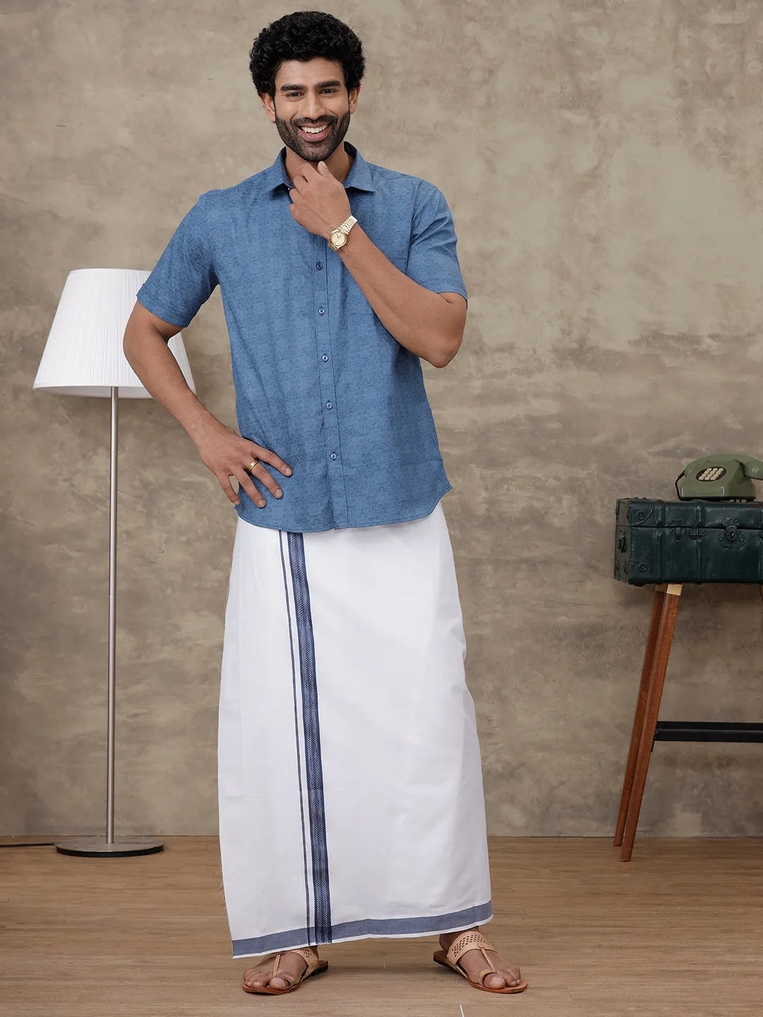 Men Oxford Blue Matching Border Dhoti With Printed Shirt Set Fusion PS7