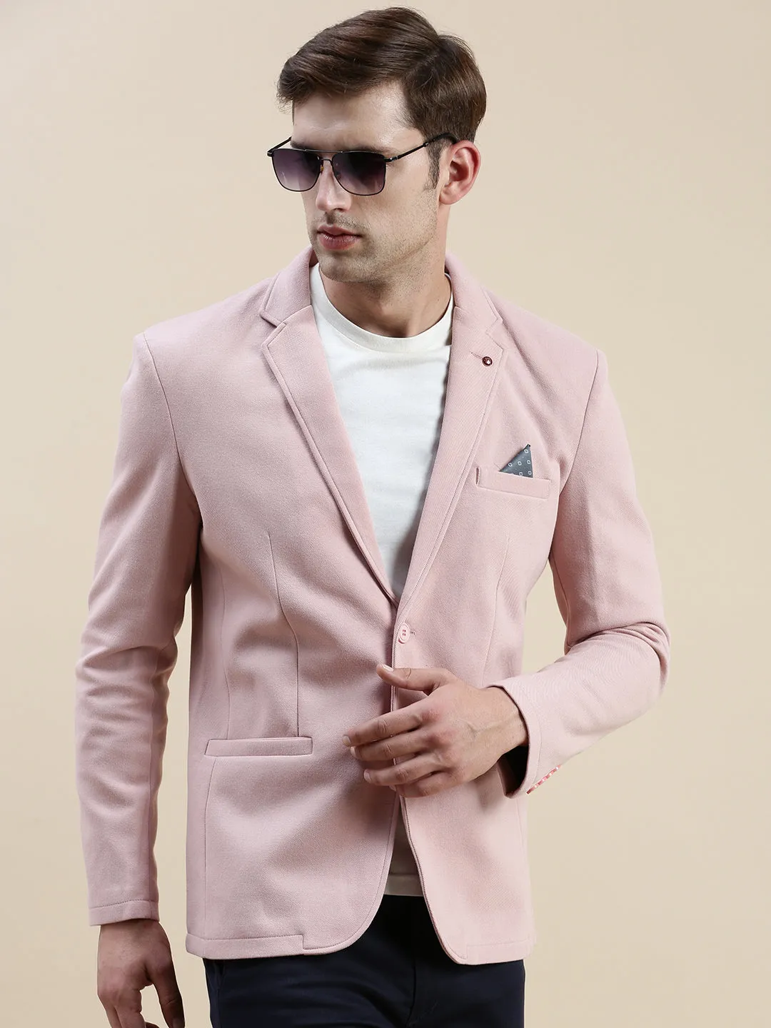 Men Pink Solid Casual Blazer