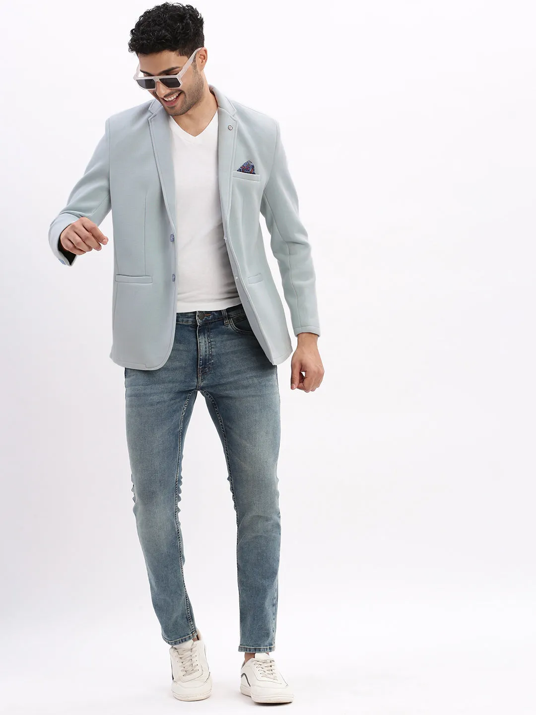 Men Solid Blue Single Breasted Blazer