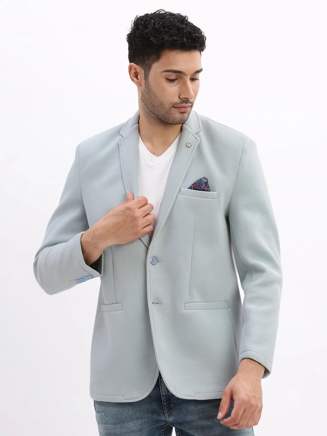 Men Solid Blue Single Breasted Blazer