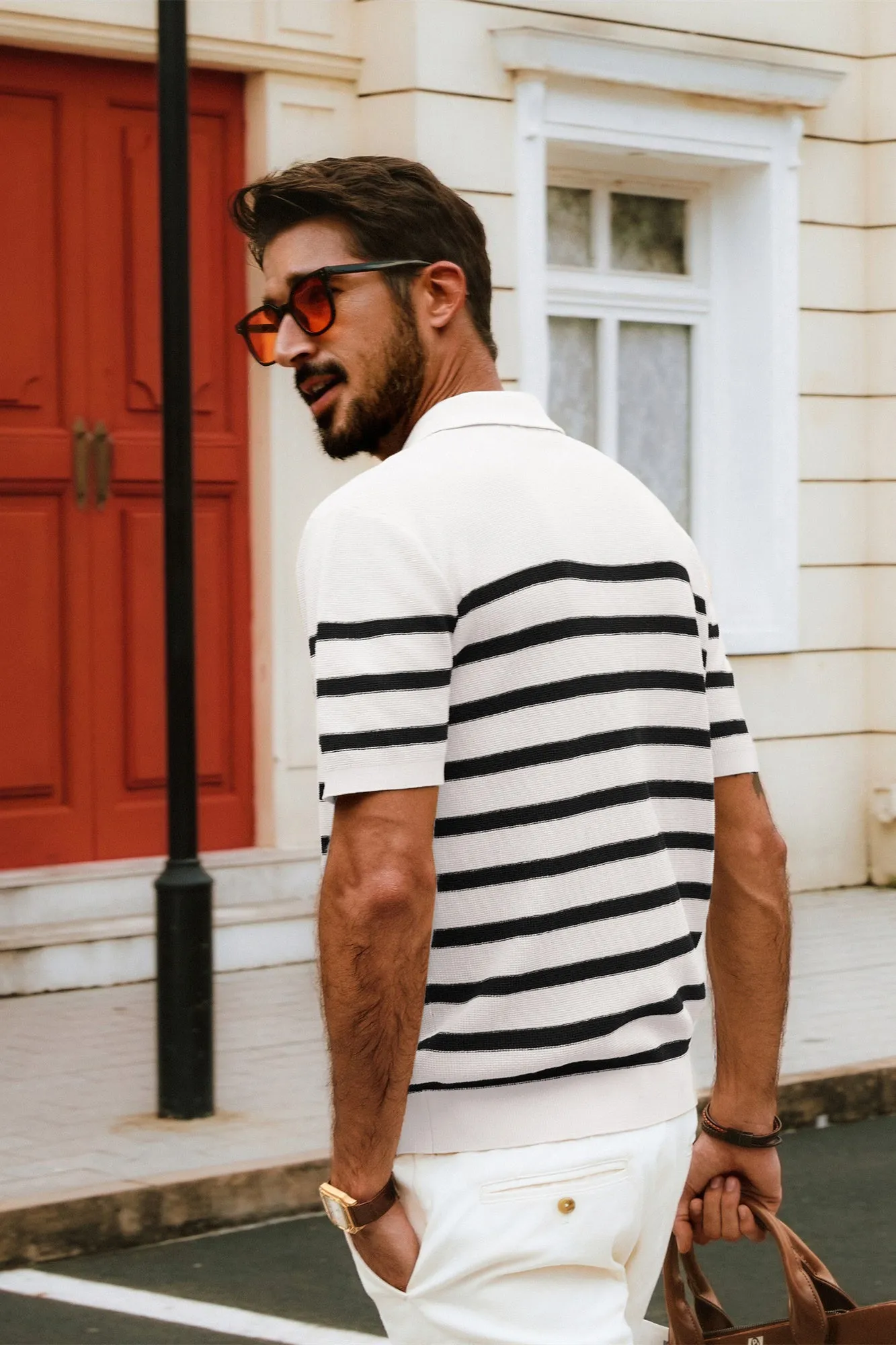 Men Striped Knitwear Short Sleeve Lapel Collar V-Neck Knitted Polo-Shirt Tops