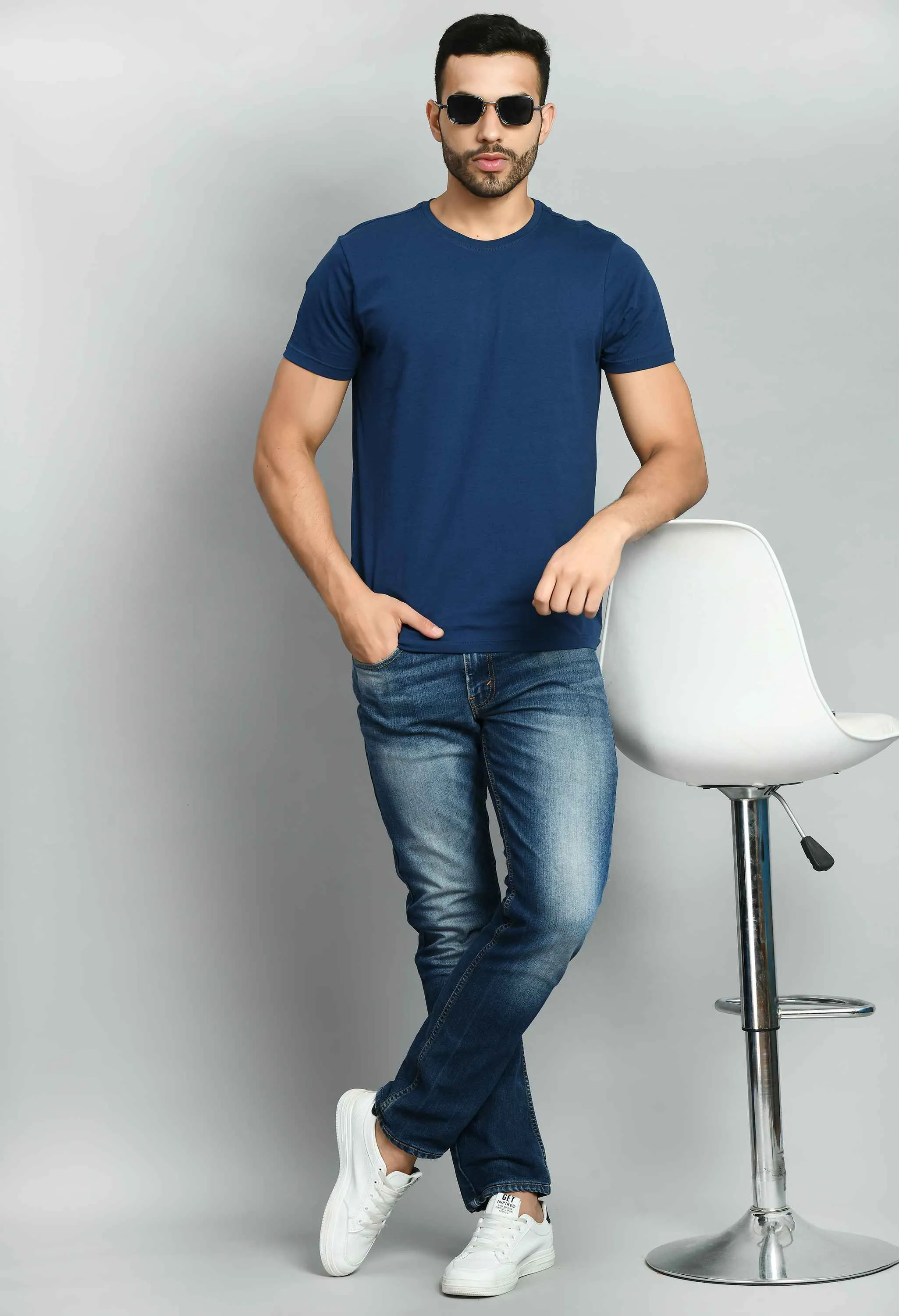 Men's Blue Round Neck T-Shirt for Men