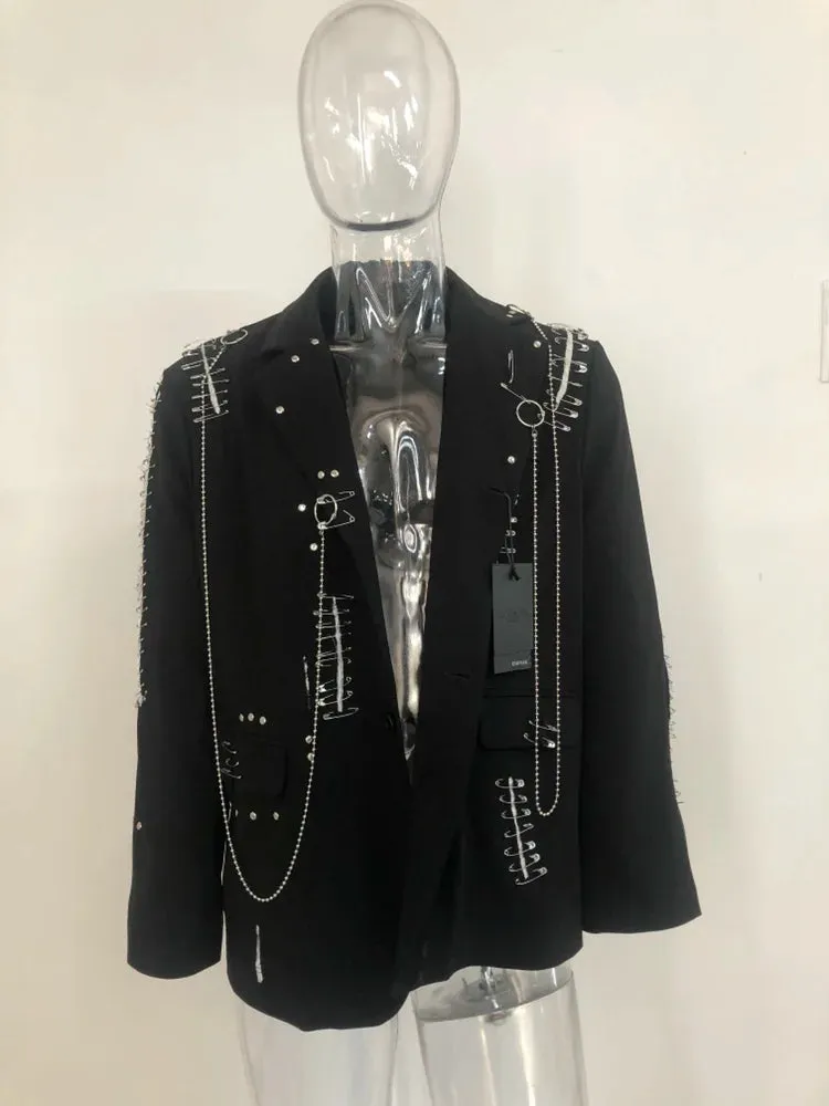 Men's Luxurious Blazer with Safety Pins and Chains