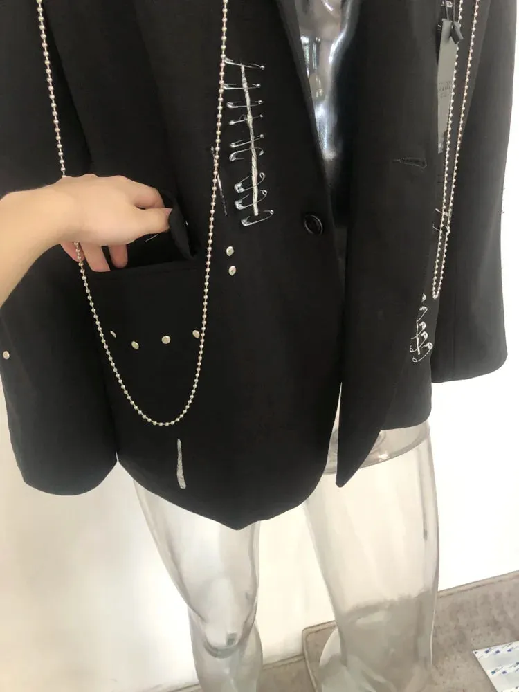 Men's Luxurious Blazer with Safety Pins and Chains