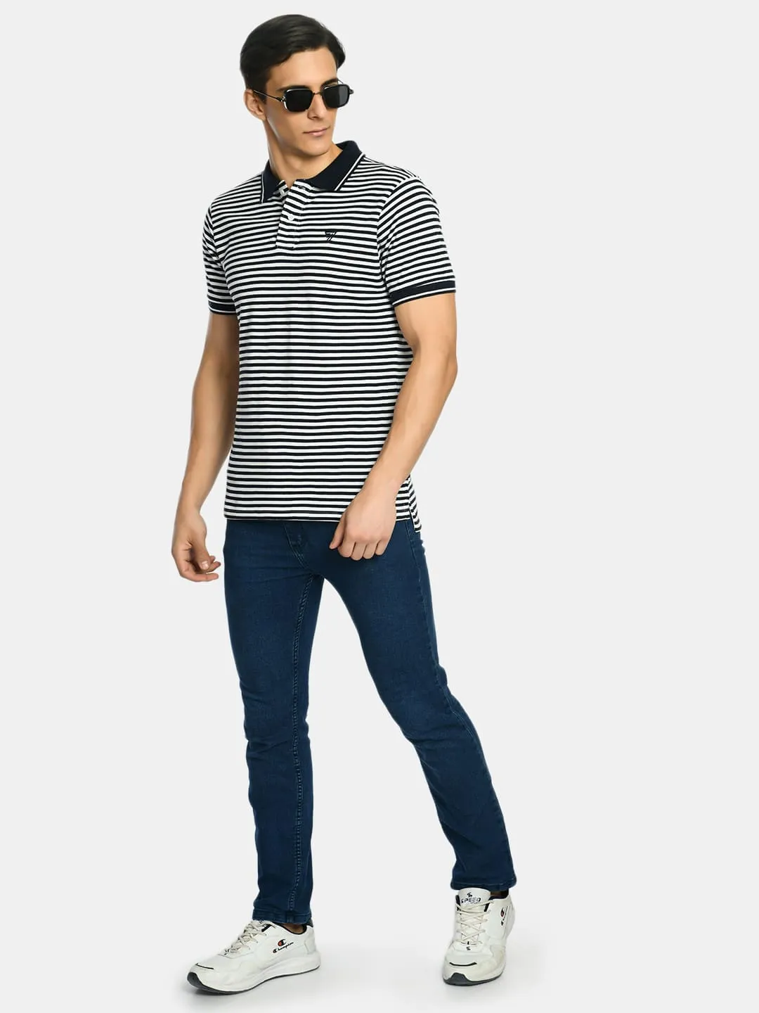 Men's Navy Striped Regular Fit Polo T-Shirt