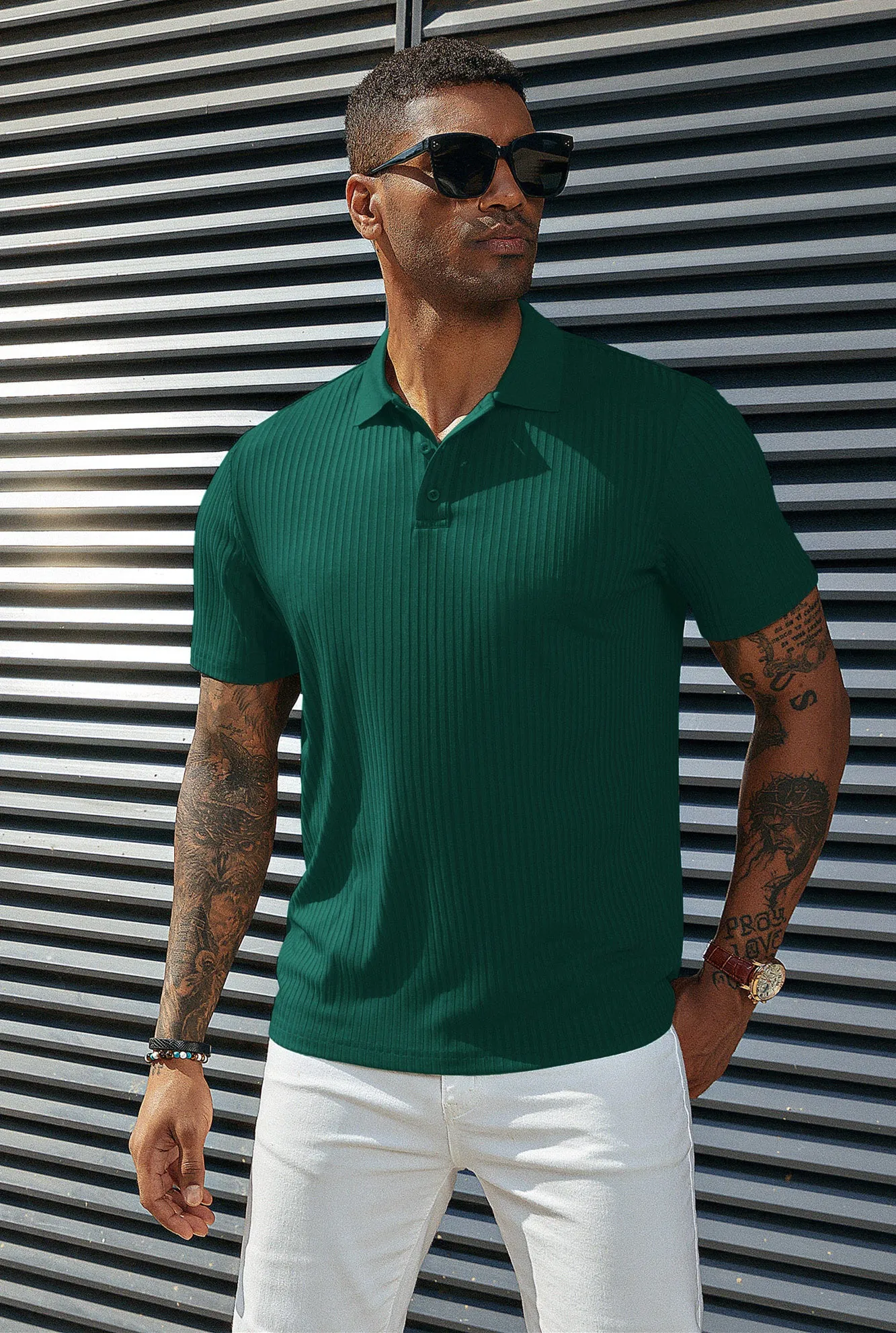 Mens Polo Shirts Textured Knit Short Sleeve Stretchy Golf Shirts