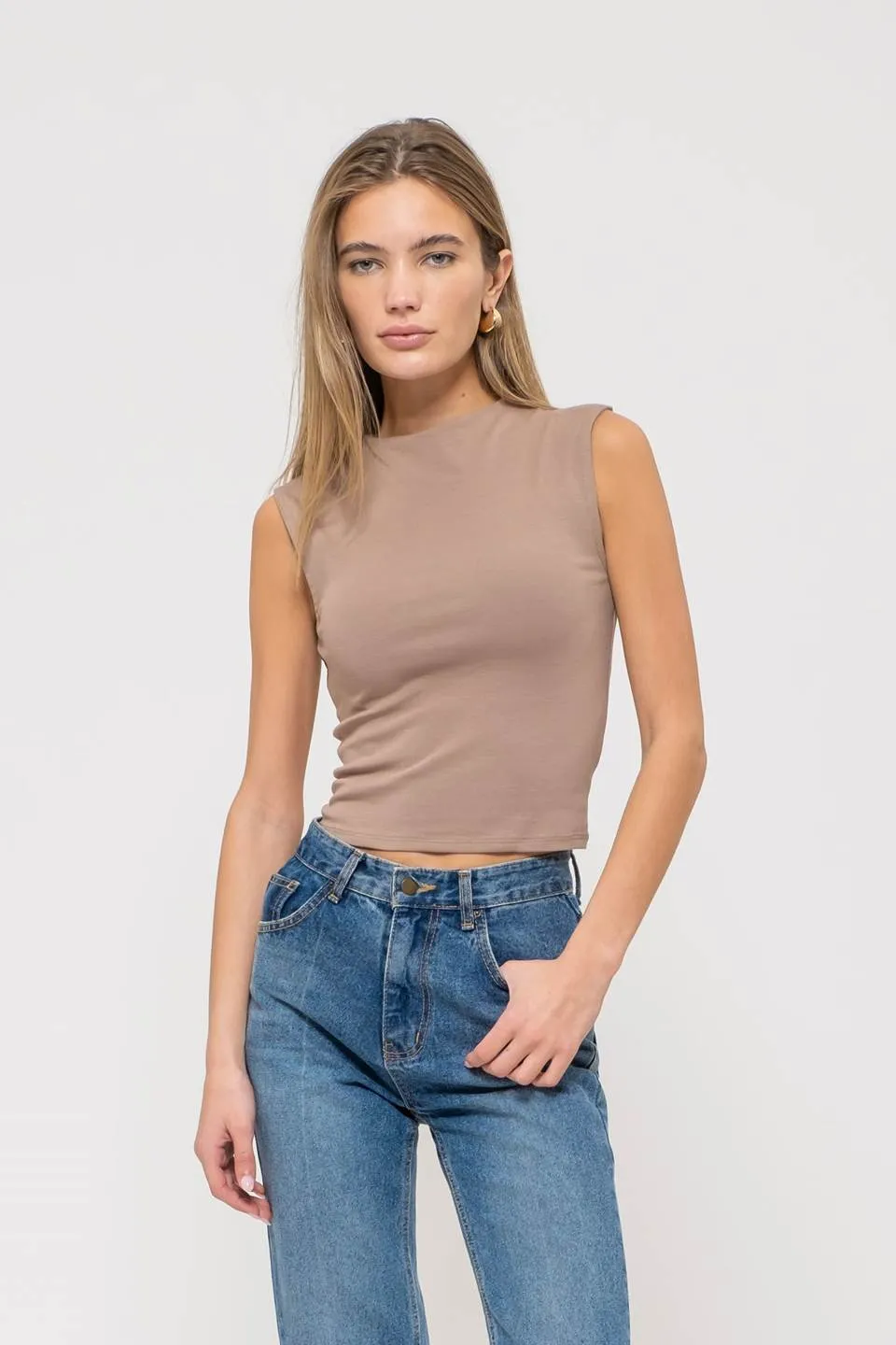 MOCK NECK SLEEVELESS CROPPED KNIT TOP