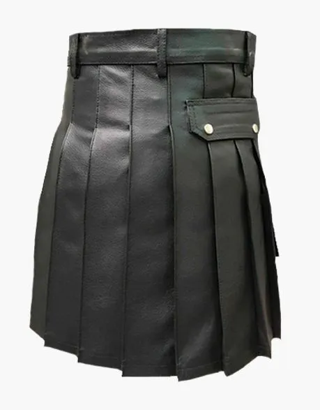 Modern Black Leather Kilt with Pleated Design