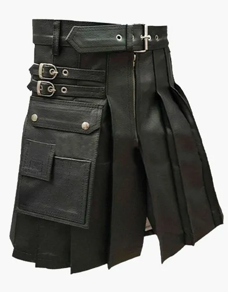 Modern Black Leather Kilt with Pleated Design