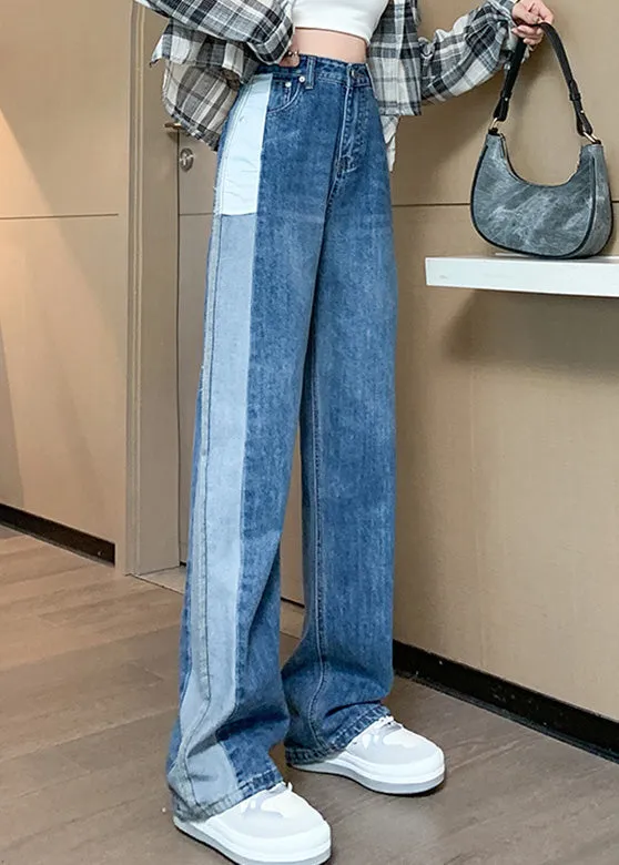 Modern Blue Patchwork High Waist Button Denim Straight Pants LY5234