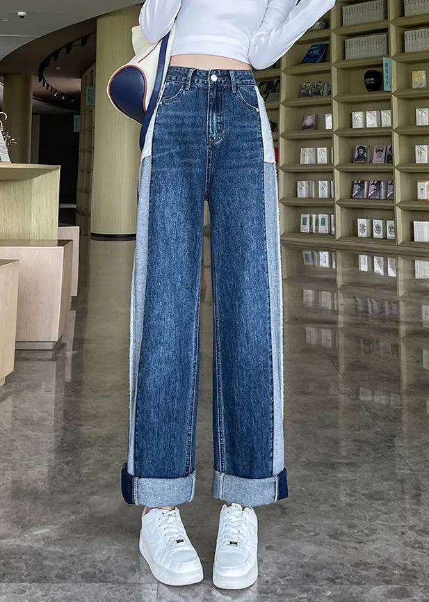 Modern Blue Patchwork High Waist Button Denim Straight Pants LY5234