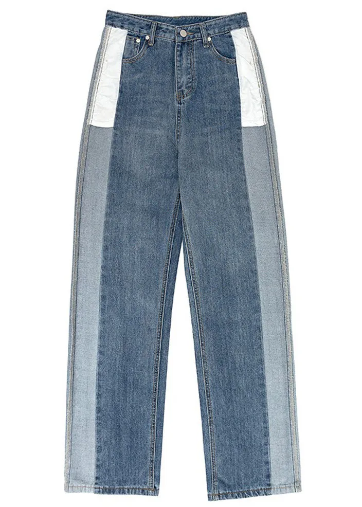 Modern Blue Patchwork High Waist Button Denim Straight Pants LY5234