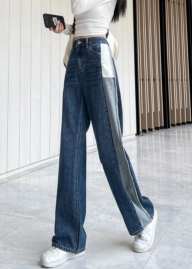 Modern Blue Patchwork High Waist Button Denim Straight Pants LY5234