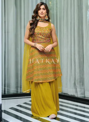 Mustard Yellow Embroidered Georgette Gharara Suit