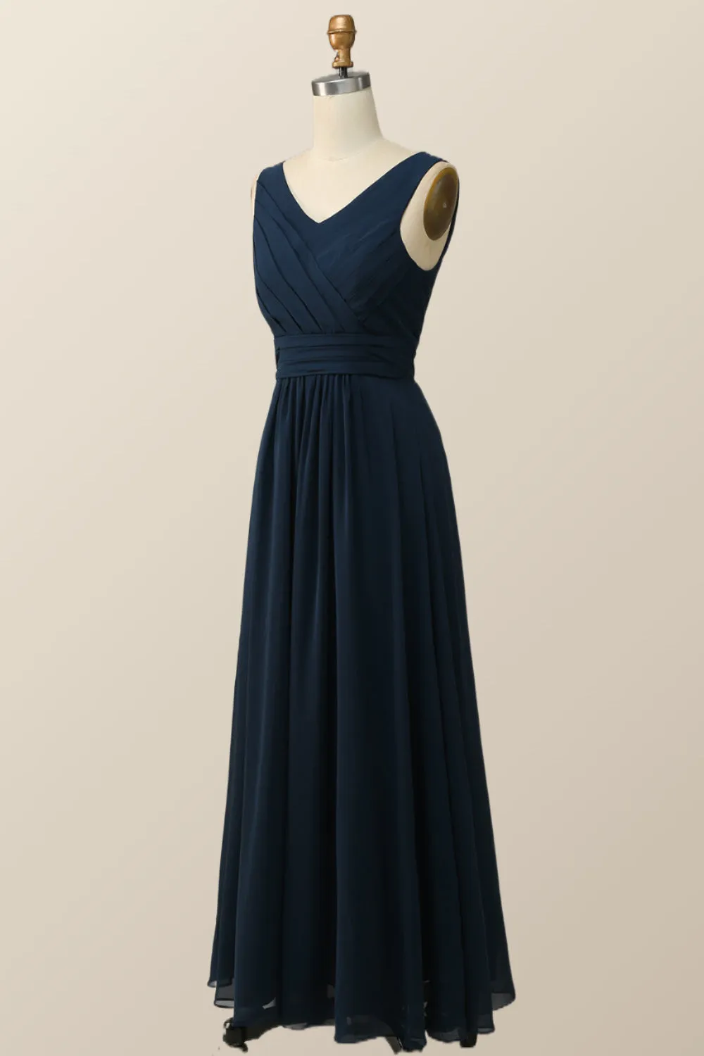 Navy Blue Pleated Chiffon A-line Long Bridesmaid Dress