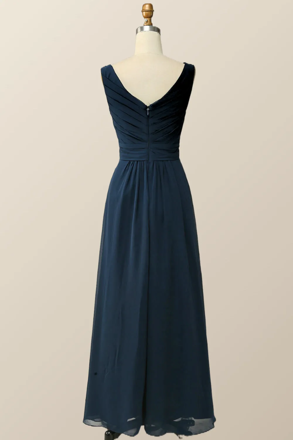 Navy Blue Pleated Chiffon A-line Long Bridesmaid Dress