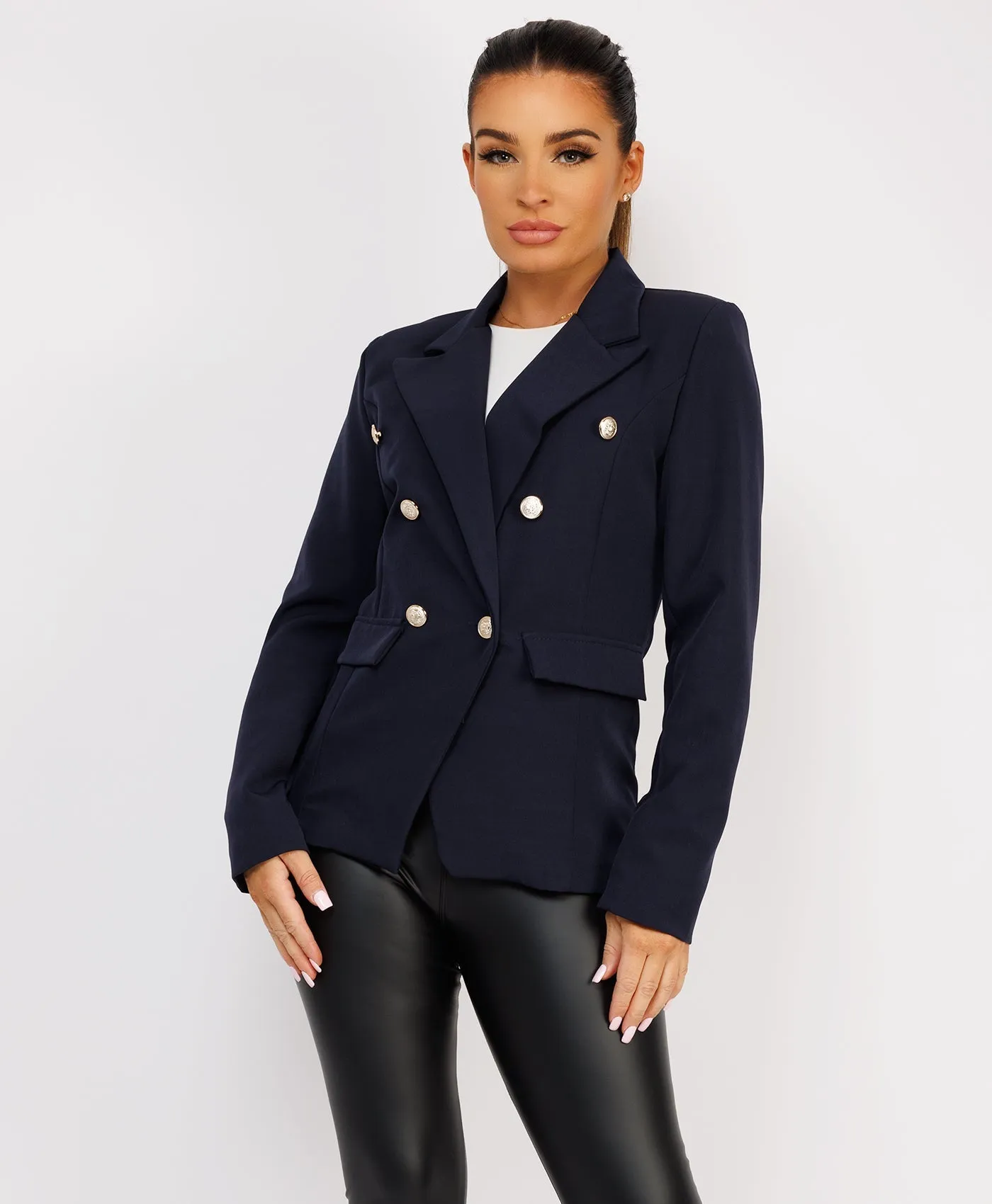 Navy Double Breast Gold Buttons Elegant Blazer Jacket