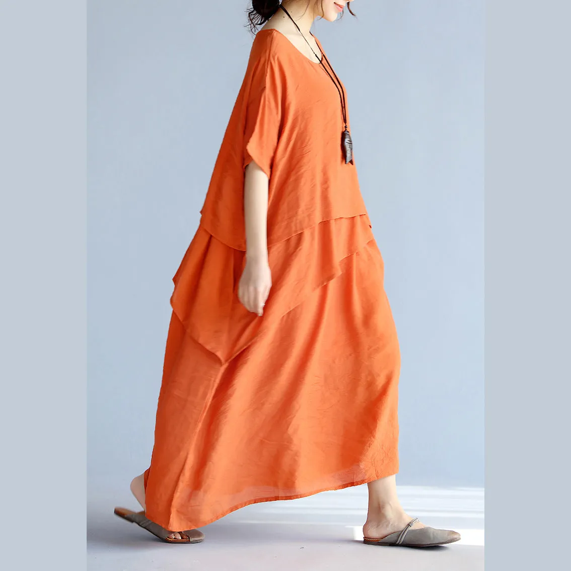 New orange long linen dresses plus size clothing layered cotton dresses New short sleeve linen cotton dress