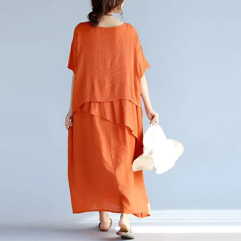 New orange long linen dresses plus size clothing layered cotton dresses New short sleeve linen cotton dress