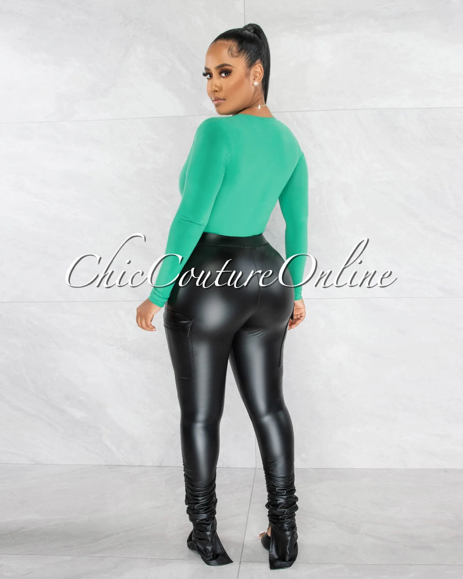 Nilam Green Deep V Neck Long Sleeves Bodysuit