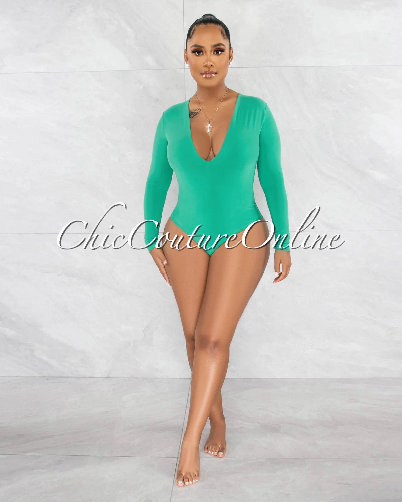 Nilam Green Deep V Neck Long Sleeves Bodysuit