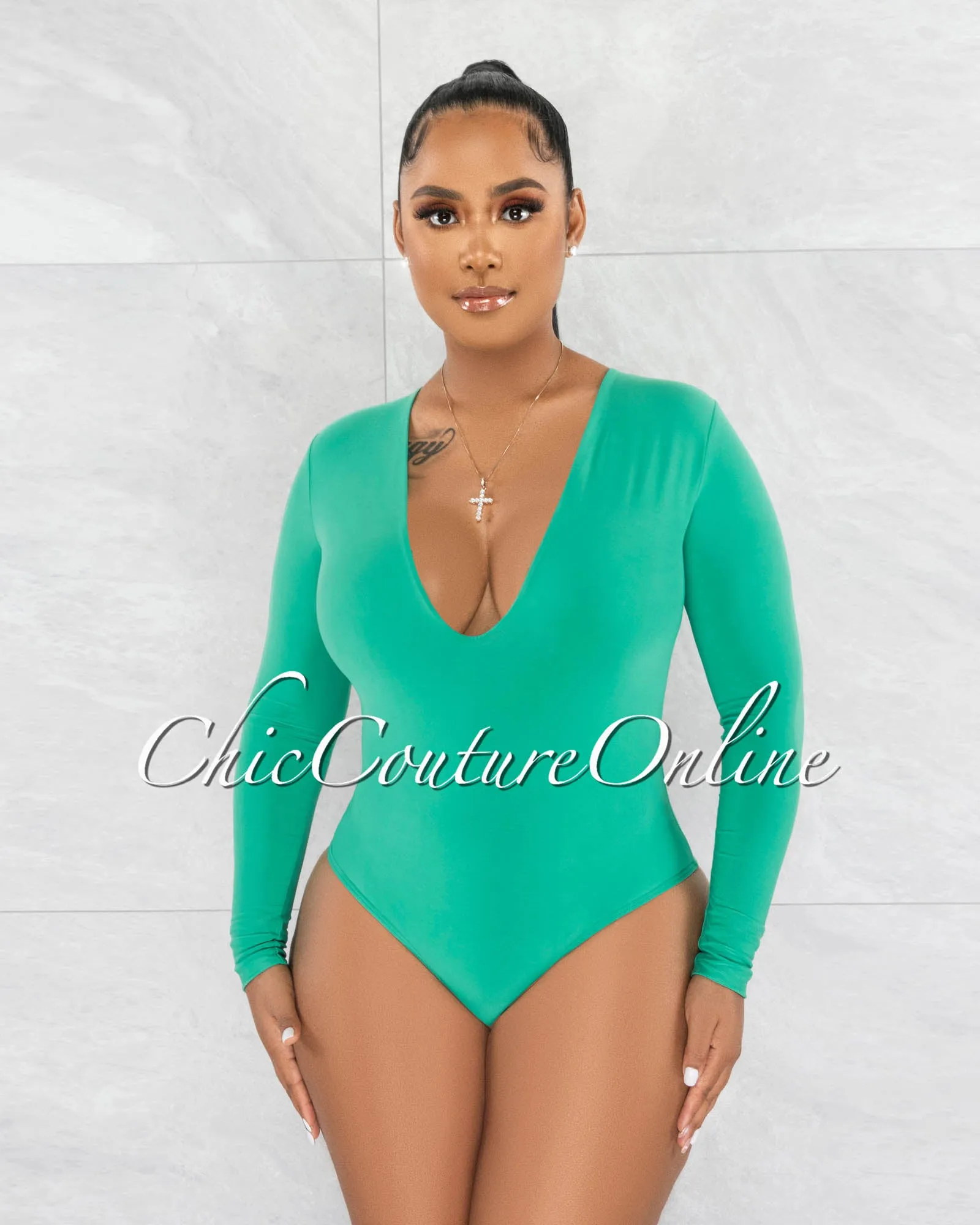 Nilam Green Deep V Neck Long Sleeves Bodysuit