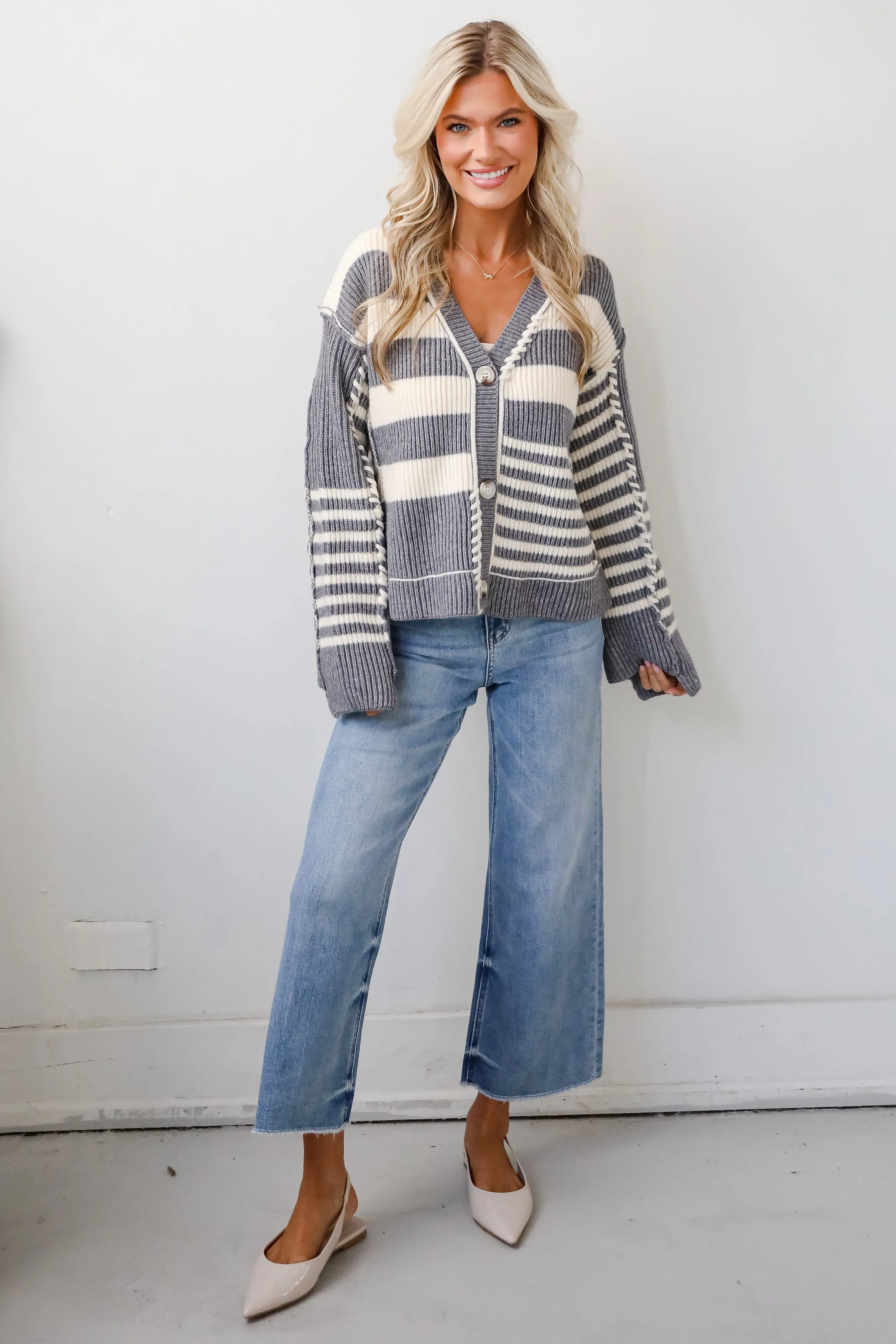 Noteworthy Charisma Grey Striped Sweater Cardigan