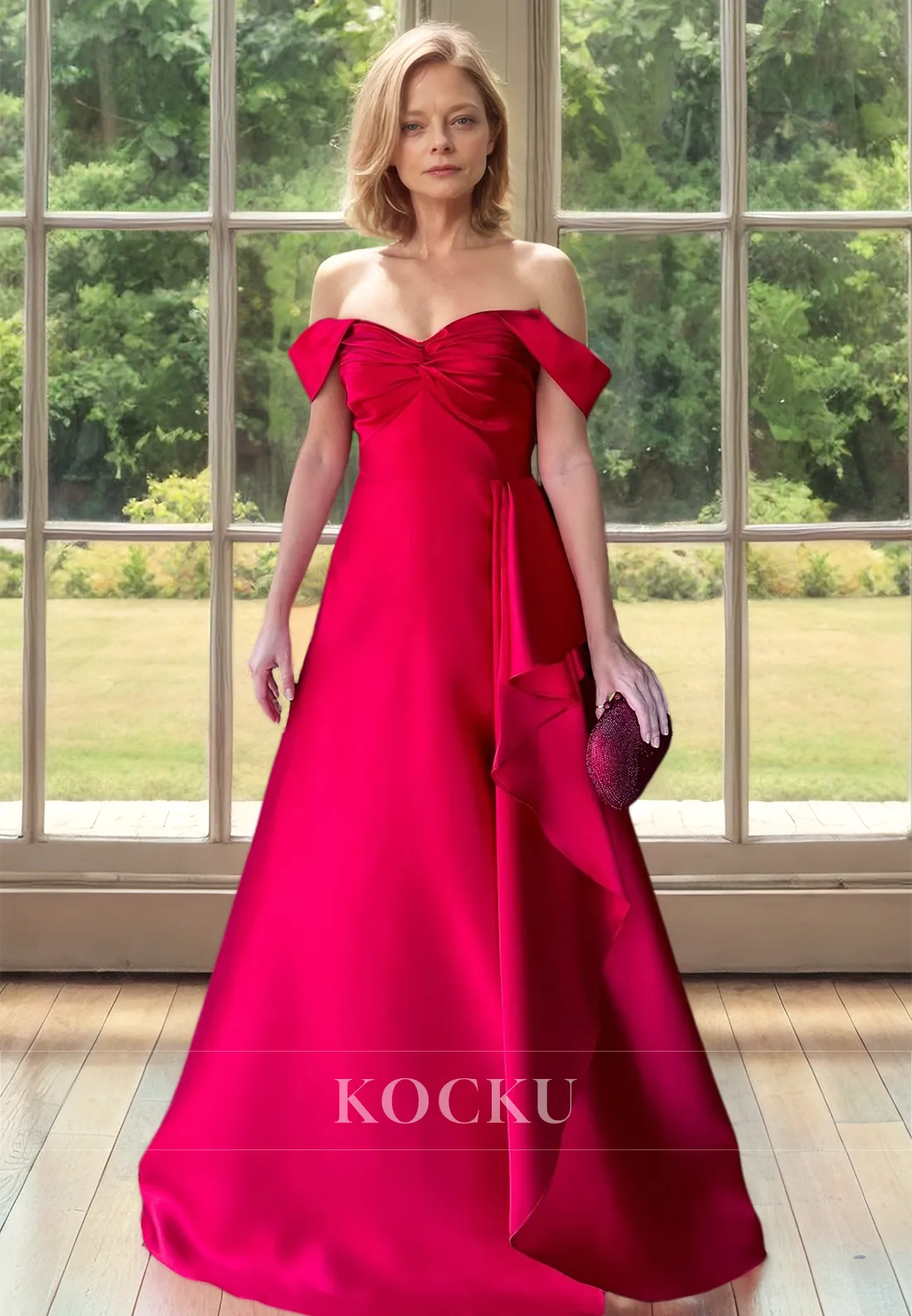 Off-Shoulder A-Line Sleeveless Floor-Length Satin Cocktail Dress Mother of Bride Dress with Pleats