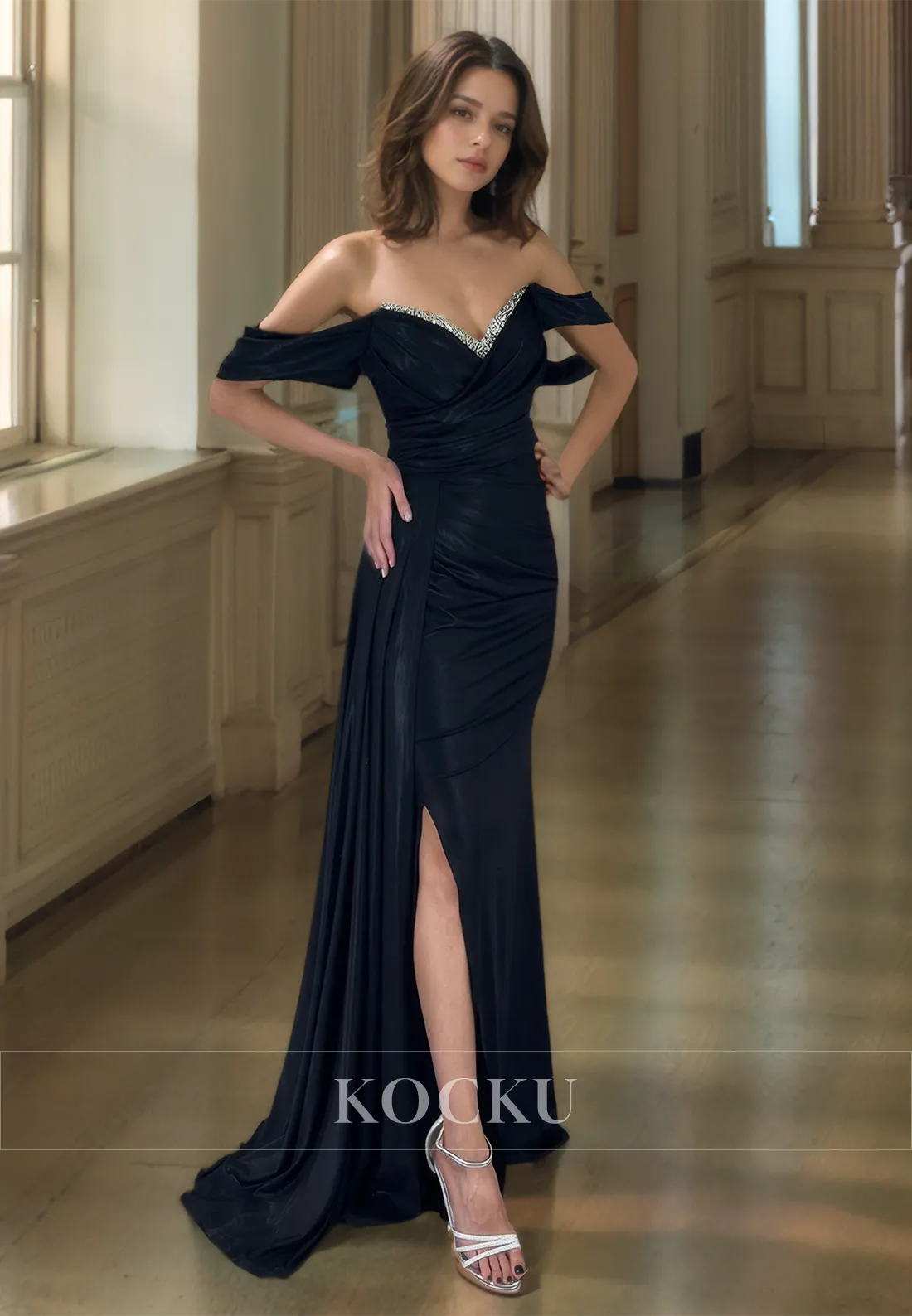 Off-Shoulder Sheath Sweep Train Slit Sleeveless Pleated Satin Prom Dress Evening Dress with Beads