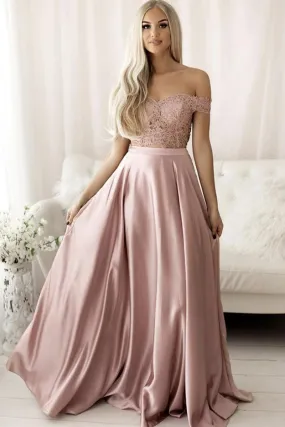 Off the Shoulder Pink Lace Long Prom Dress, Off Shoulder Pink Formal Dress, Pink Lace Evening Dress