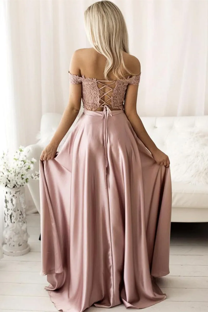 Off the Shoulder Pink Lace Long Prom Dress, Off Shoulder Pink Formal Dress, Pink Lace Evening Dress