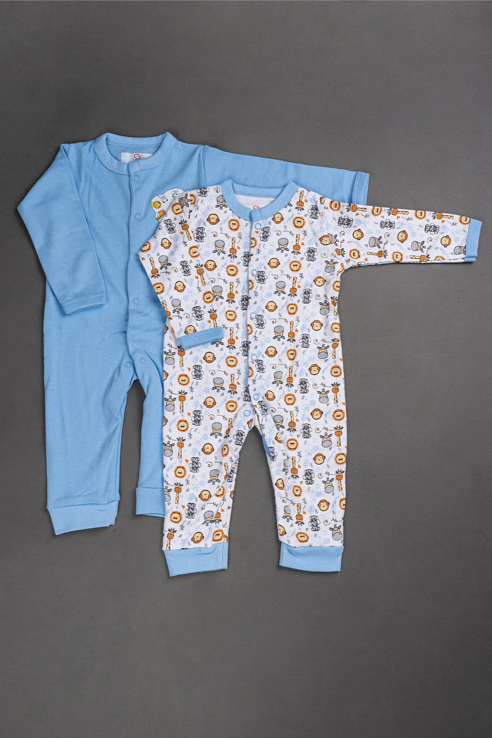 Oh Baby Cotton Interlock Knit Animal Print Body Suit Pack Of - 2 - Sky Blue & Assorted - S204