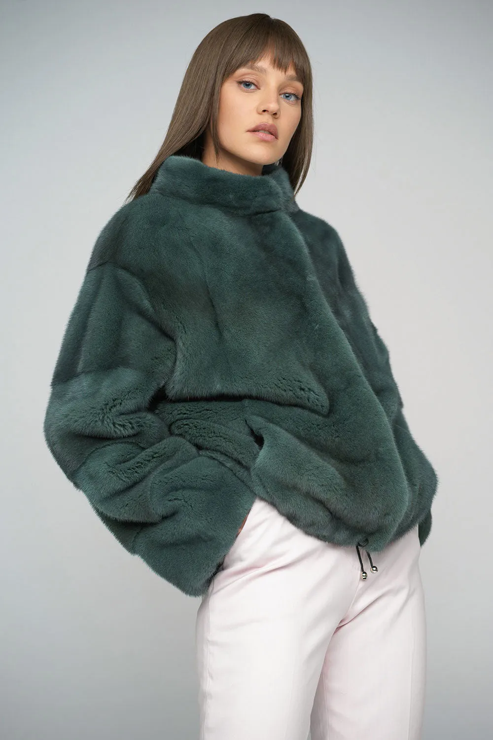 Olive Genuine Mink Fur Coat