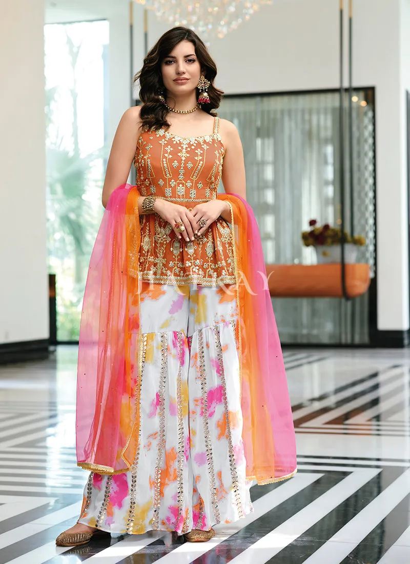 Orange And White Embroidered Georgette Sharara Suit