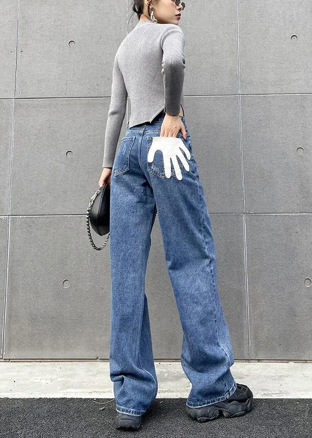 Organic Spring Wide Leg Pants Stylish Denim Blue Photography Hole High Waist Pants