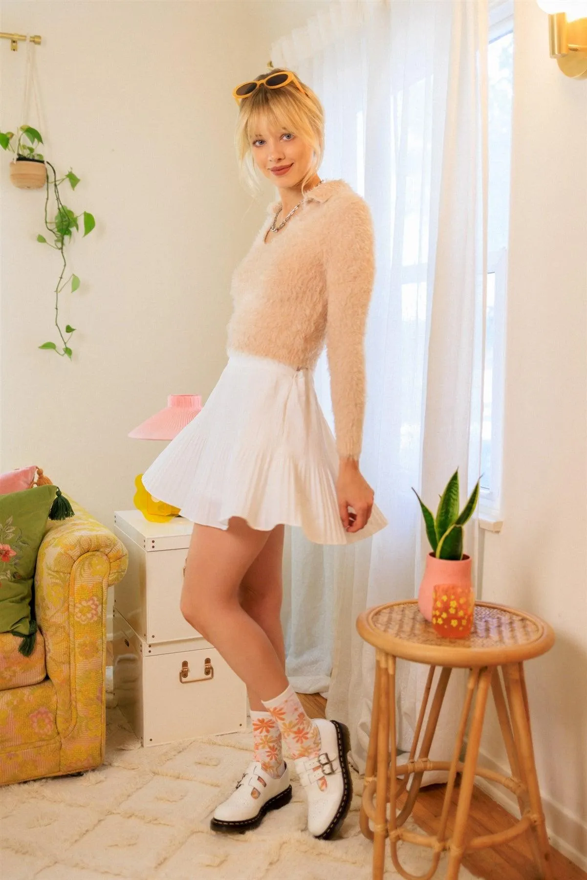 Peach Collared Fuzzy Long Sleeve Sweater /4-2