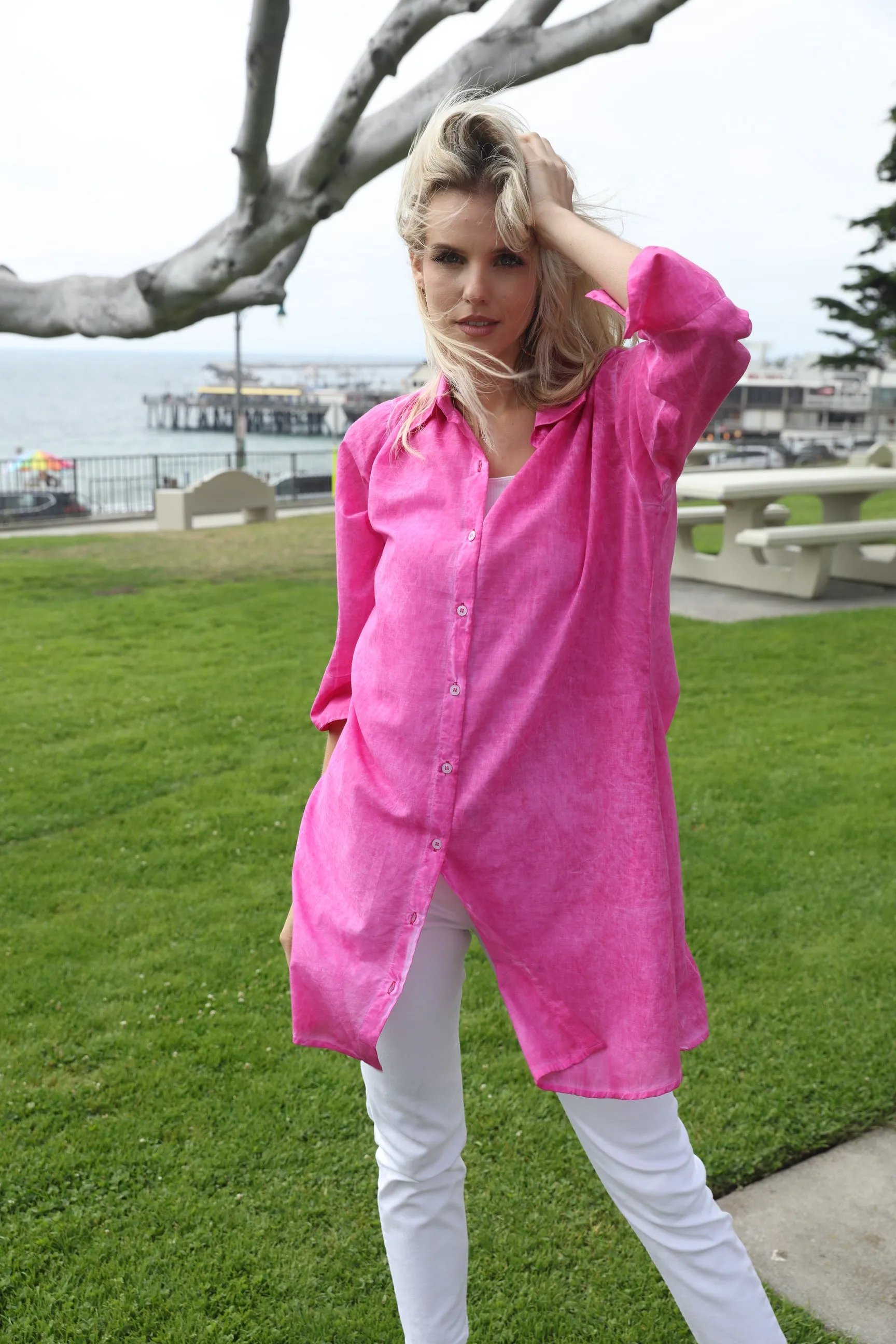 Pink KikiSol Long Button Down Shirt