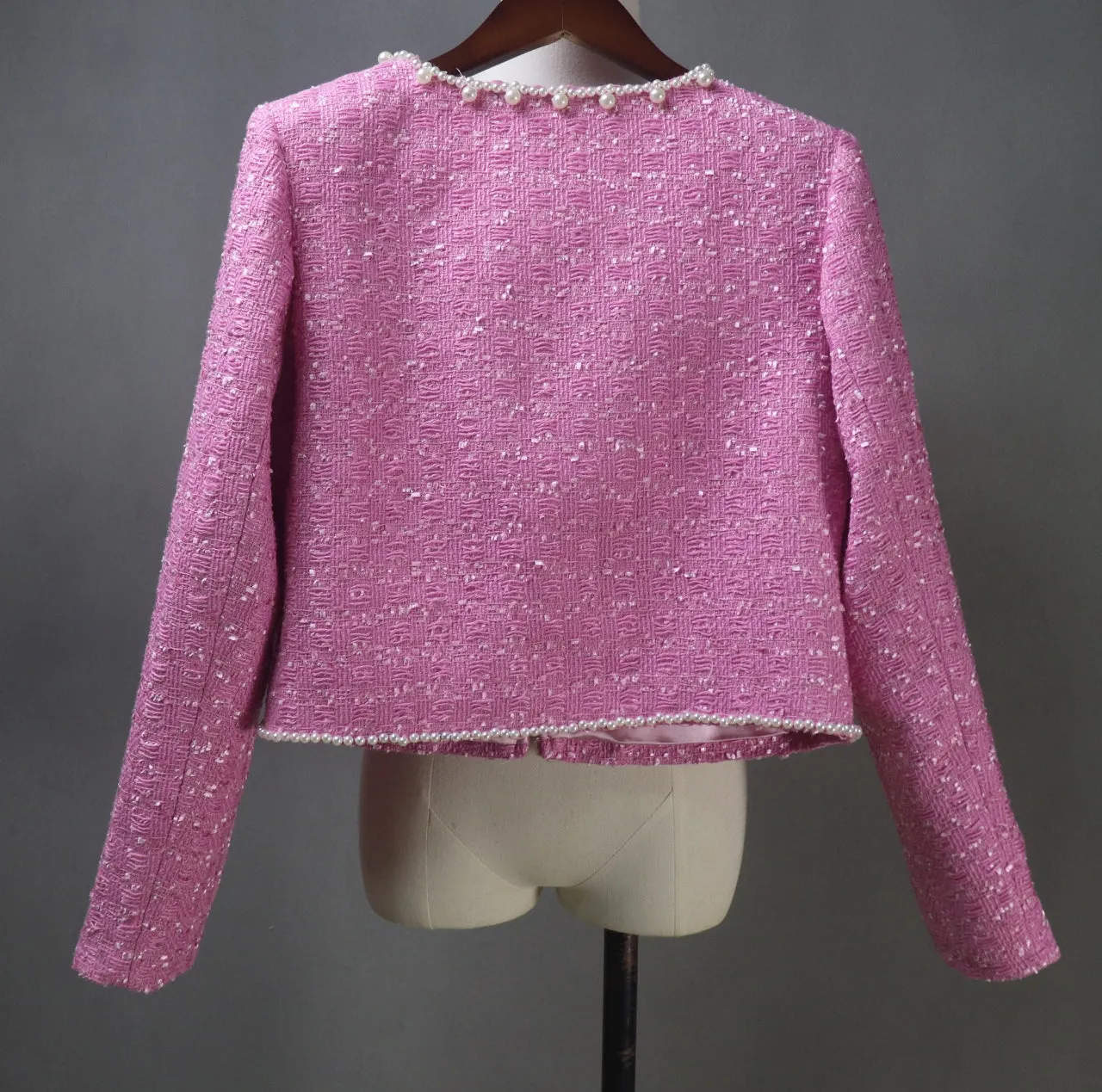 Pink Tweed Fit & Flare Dress   Crop Jacket Suit With Pearls Decoration