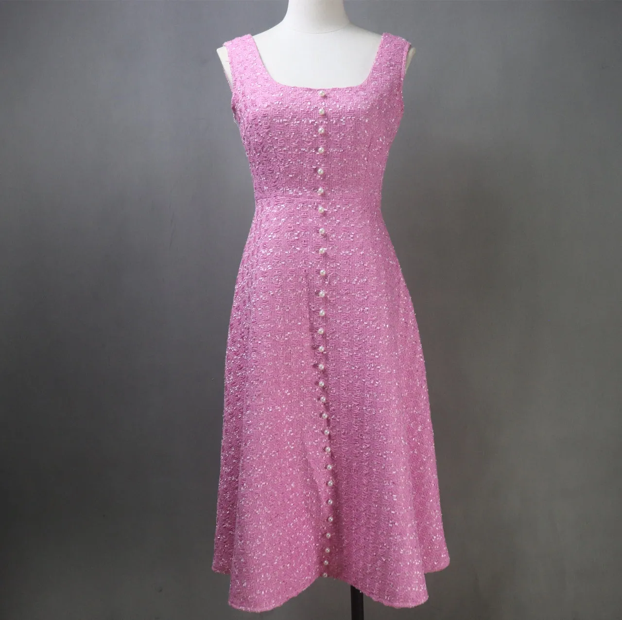 Pink Tweed Fit & Flare Dress   Crop Jacket Suit With Pearls Decoration