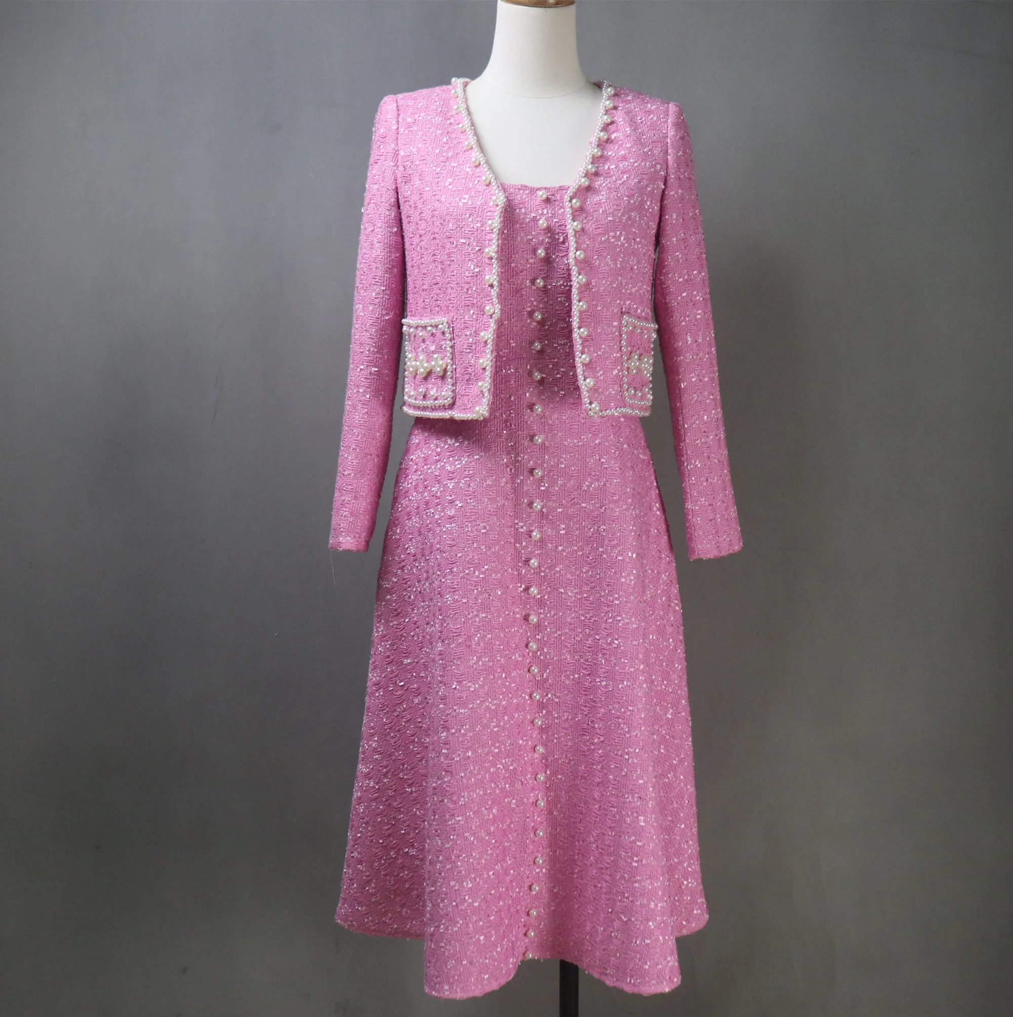 Pink Tweed Fit & Flare Dress   Crop Jacket Suit With Pearls Decoration