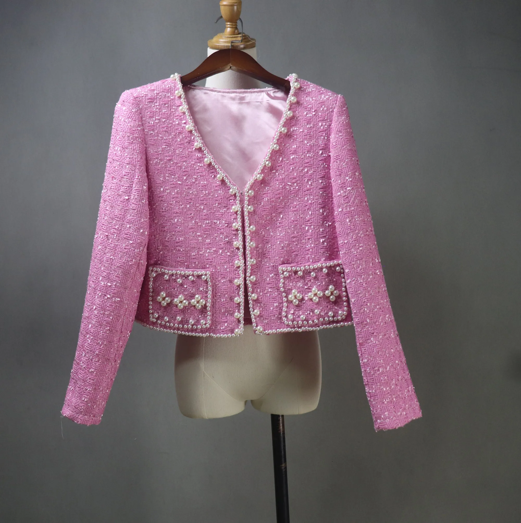 Pink Tweed Fit & Flare Dress   Crop Jacket Suit With Pearls Decoration