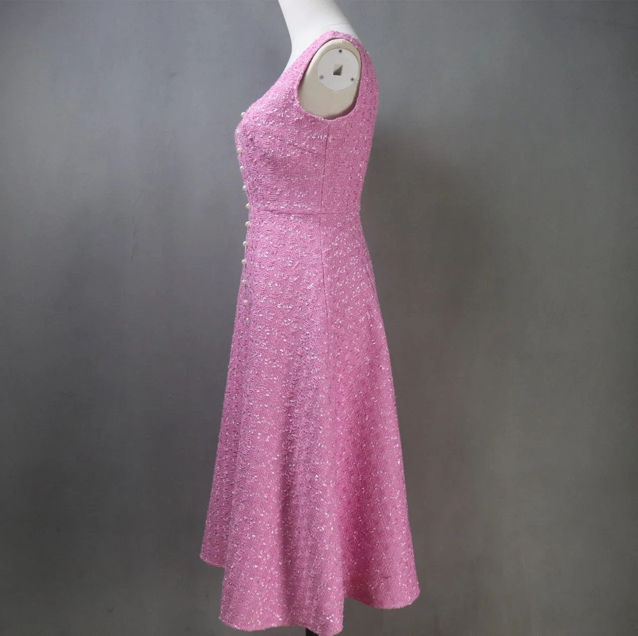 Pink Tweed Fit & Flare Dress   Crop Jacket Suit With Pearls Decoration