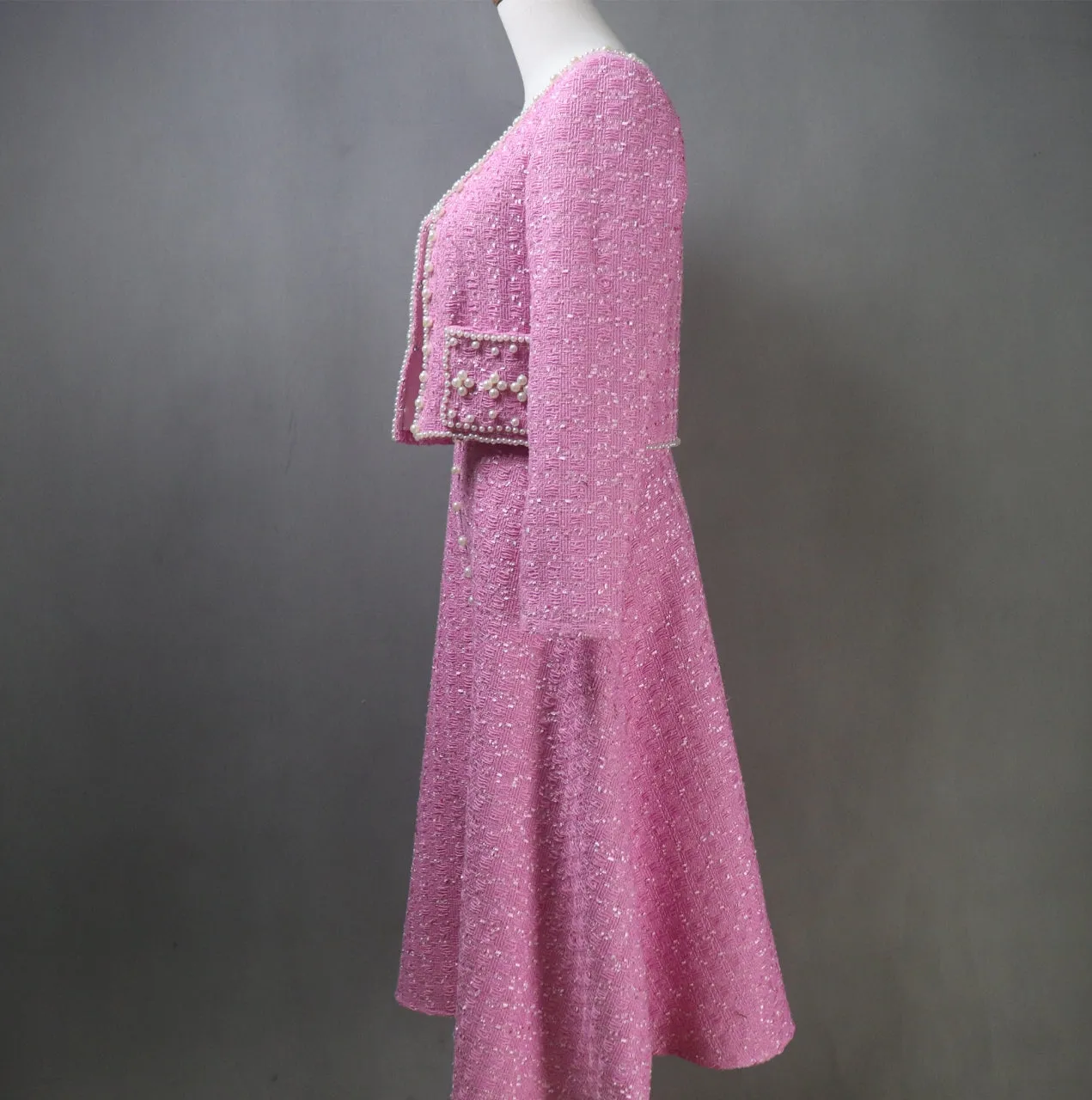 Pink Tweed Fit & Flare Dress   Crop Jacket Suit With Pearls Decoration