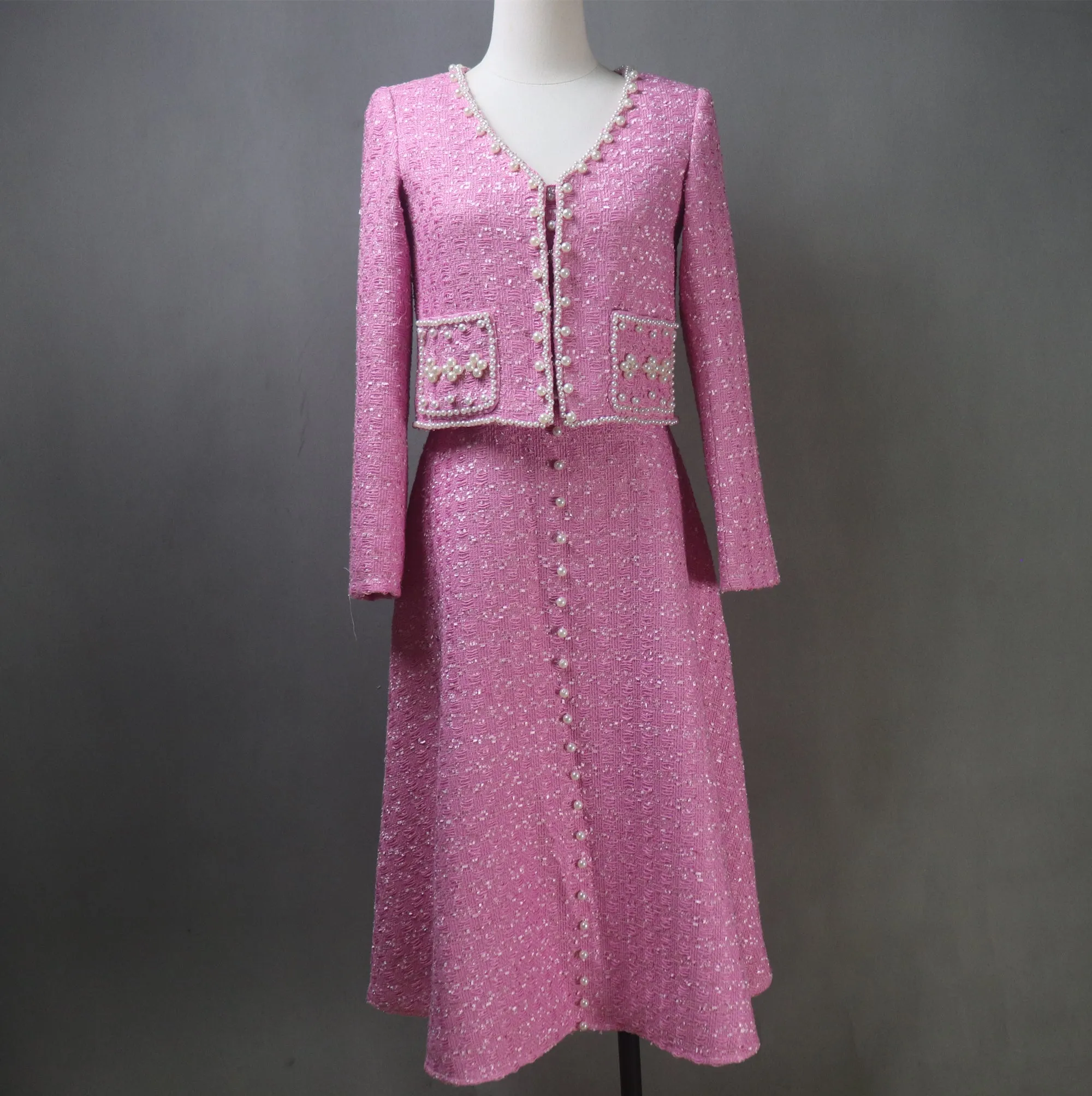 Pink Tweed Fit & Flare Dress   Crop Jacket Suit With Pearls Decoration