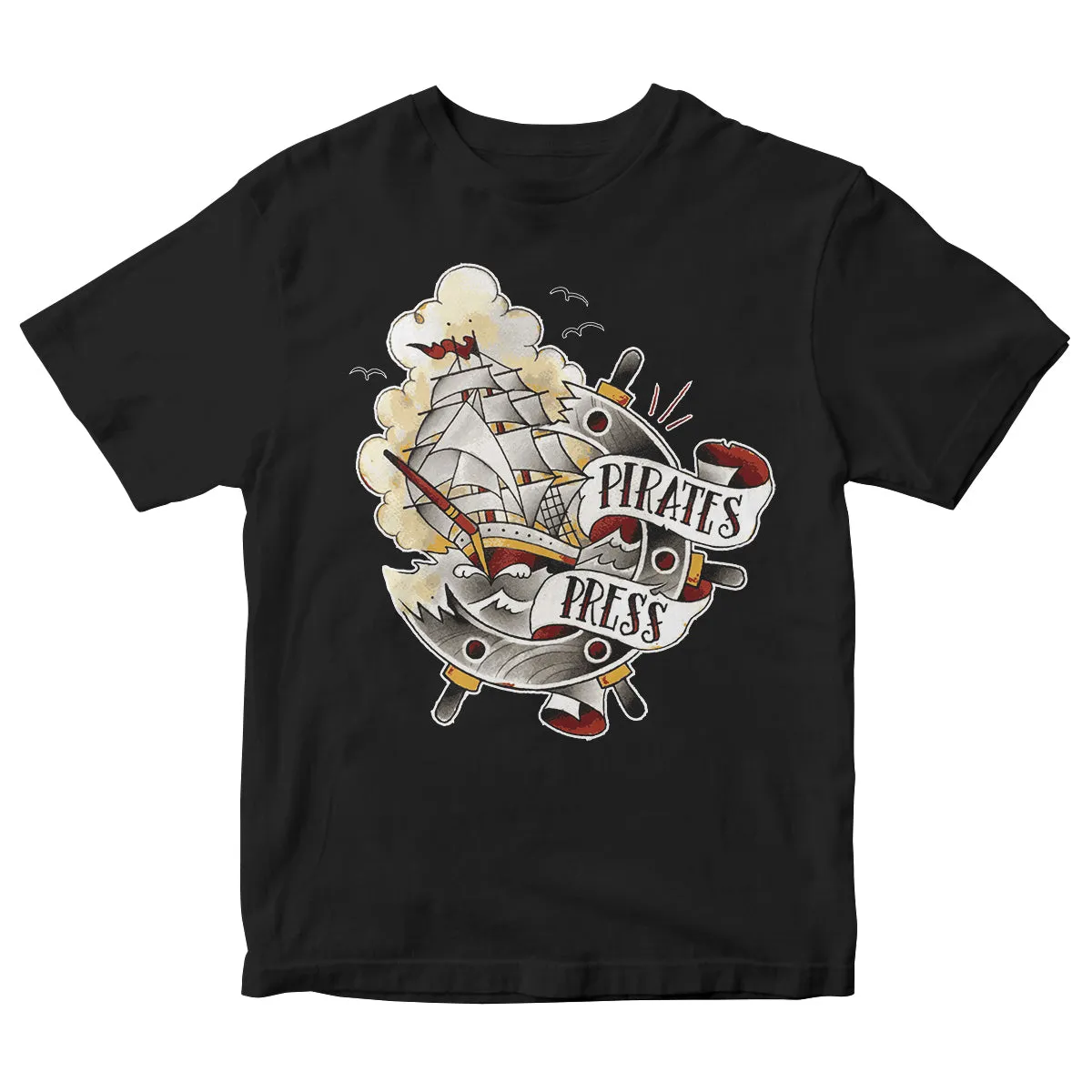 Pirates Press - Full Color Tattoo Ship - Black - T-Shirt