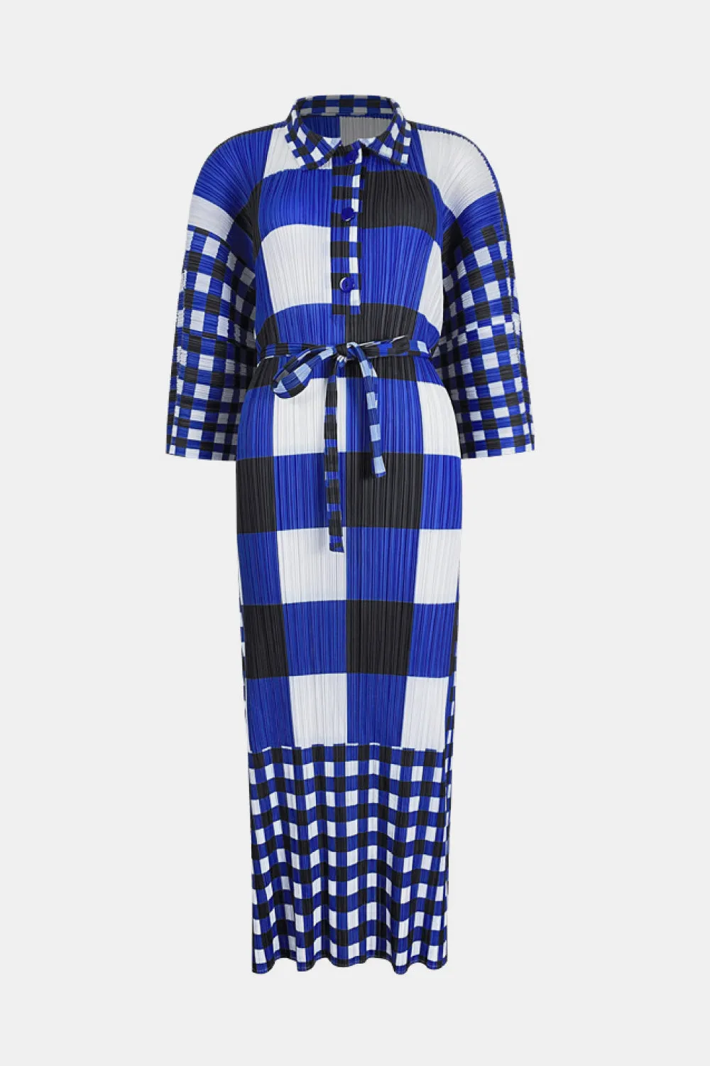 Plaid Accordion Pleated Tie Waist Collared Dress