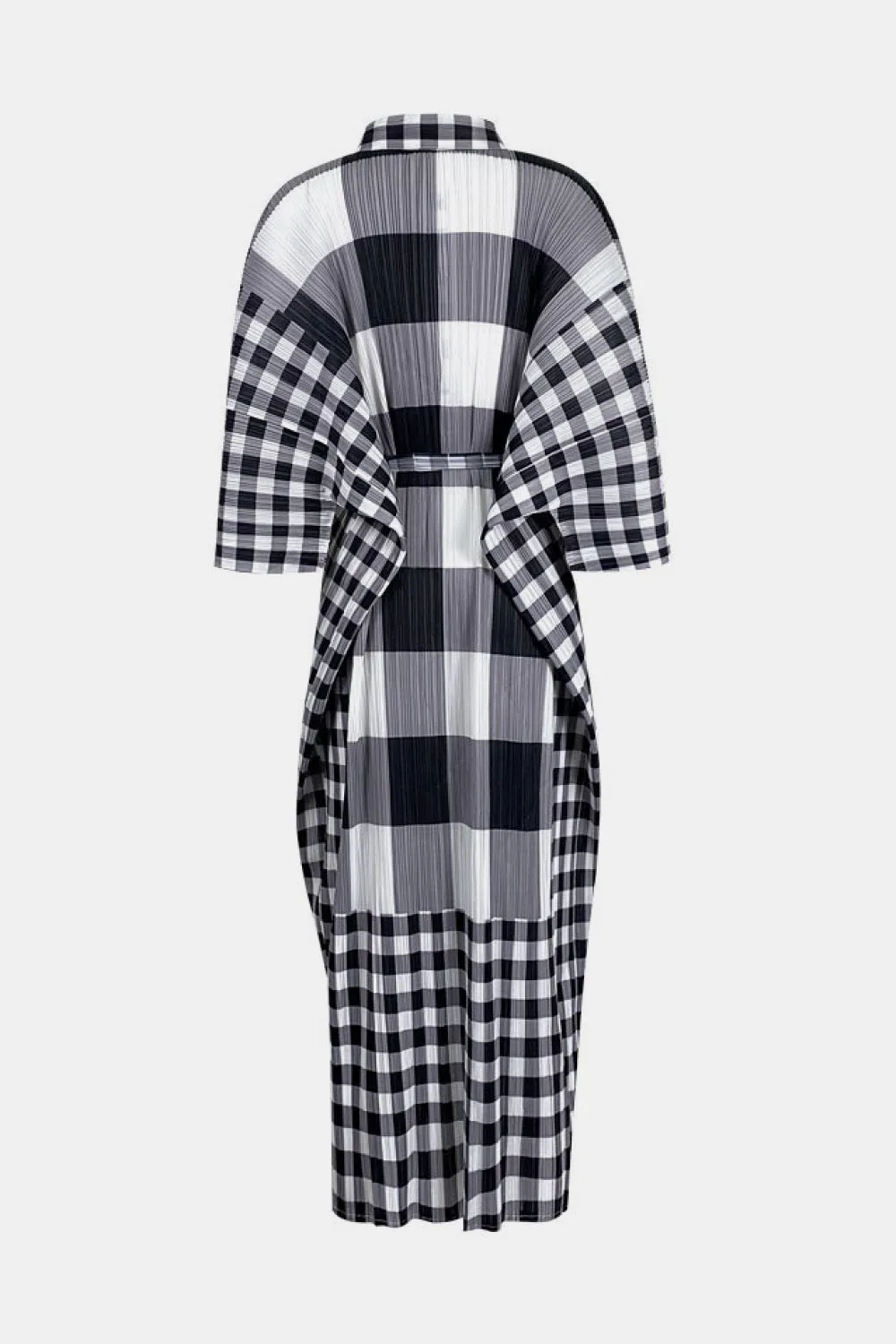 Plaid Accordion Pleated Tie Waist Collared Dress