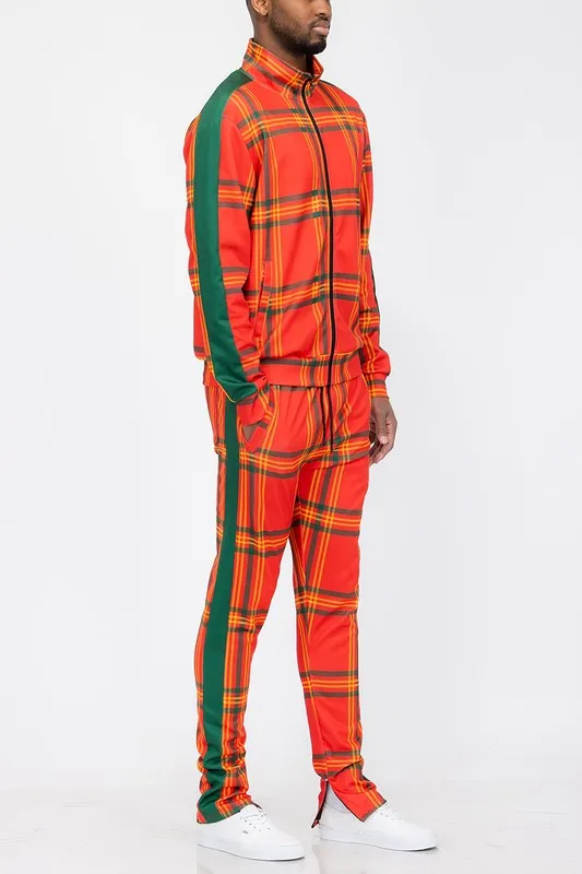 PLAID CHECKERED FULL ZIP TRACK PANTS SET